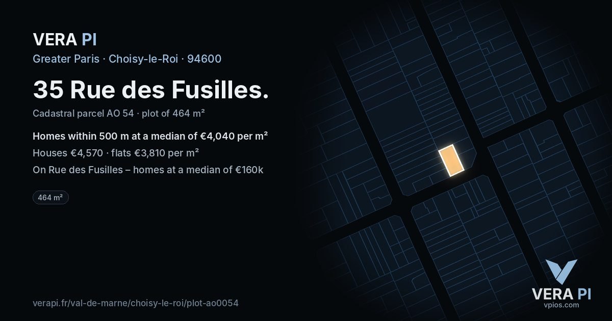 35 Rue des Fusilles, Choisy-le-Roi at night – the plot lit, the parcels around coloured by the prices near them