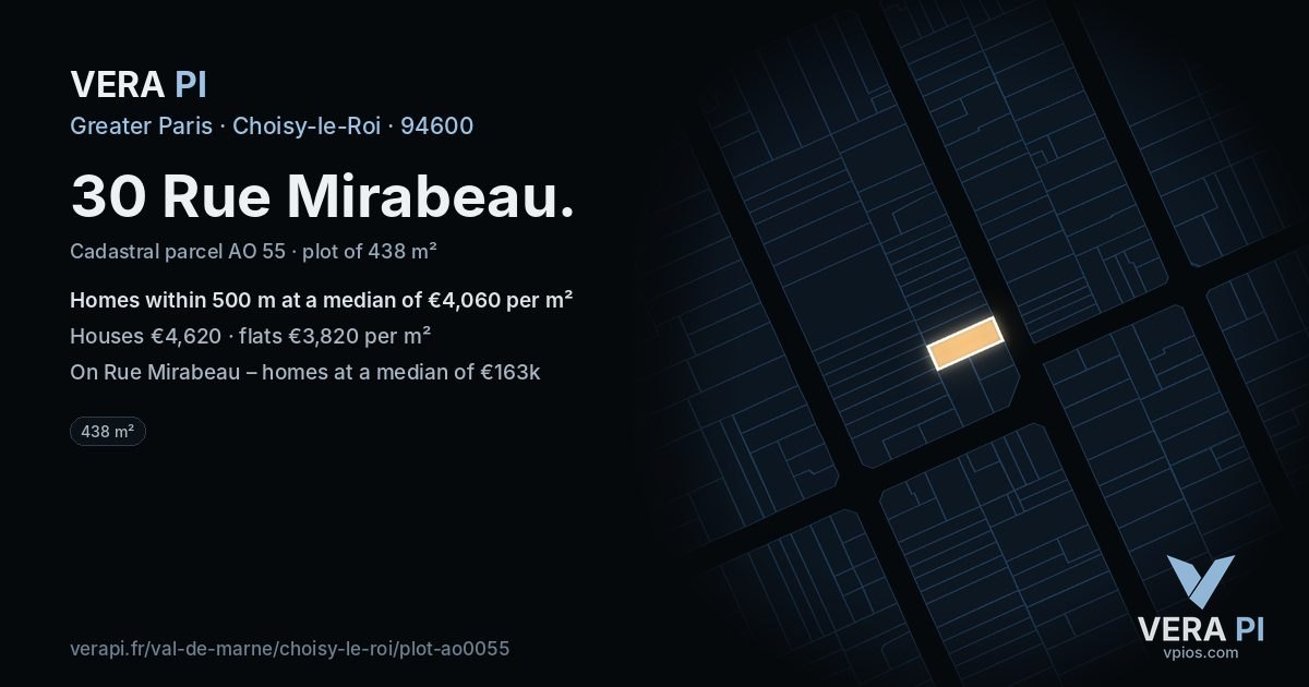30 Rue Mirabeau, Choisy-le-Roi at night – the plot lit, the parcels around coloured by the prices near them
