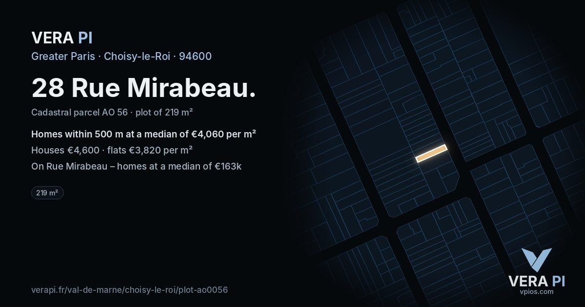 28 Rue Mirabeau, Choisy-le-Roi at night – the plot lit, the parcels around coloured by the prices near them