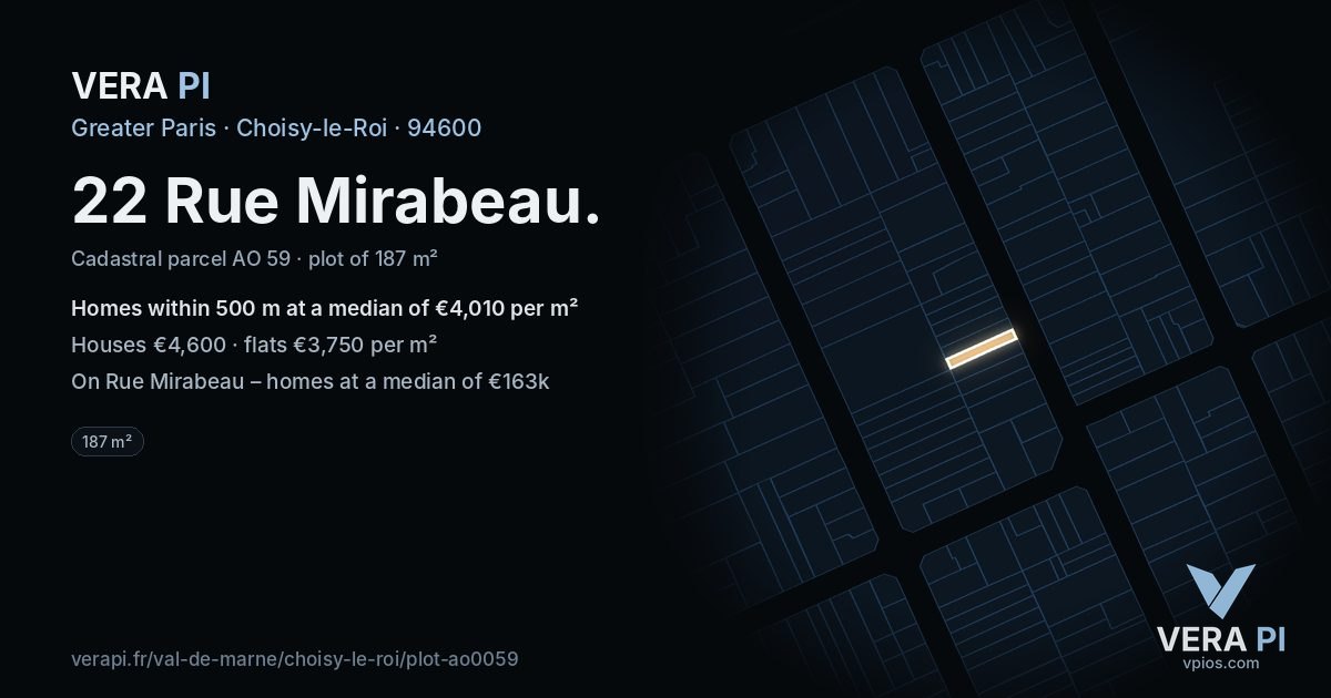 22 Rue Mirabeau, Choisy-le-Roi at night – the plot lit, the parcels around coloured by the prices near them