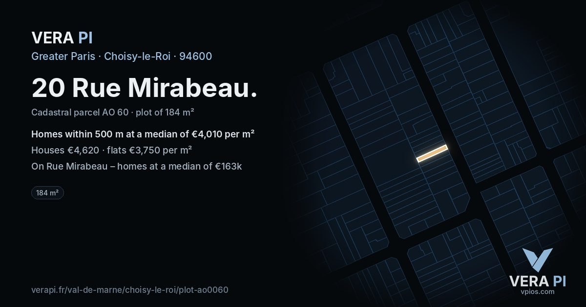 20 Rue Mirabeau, Choisy-le-Roi at night – the plot lit, the parcels around coloured by the prices near them