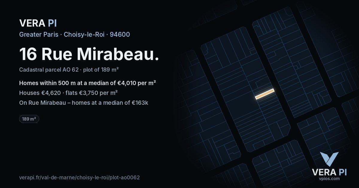 16 Rue Mirabeau, Choisy-le-Roi at night – the plot lit, the parcels around coloured by the prices near them