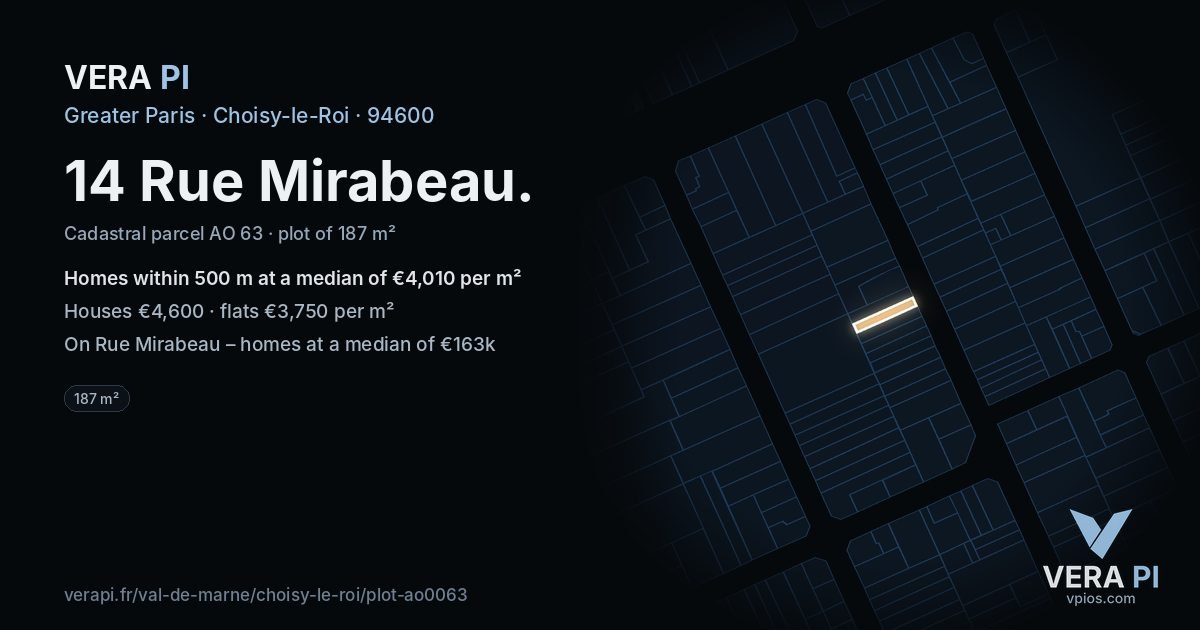 14 Rue Mirabeau, Choisy-le-Roi at night – the plot lit, the parcels around coloured by the prices near them