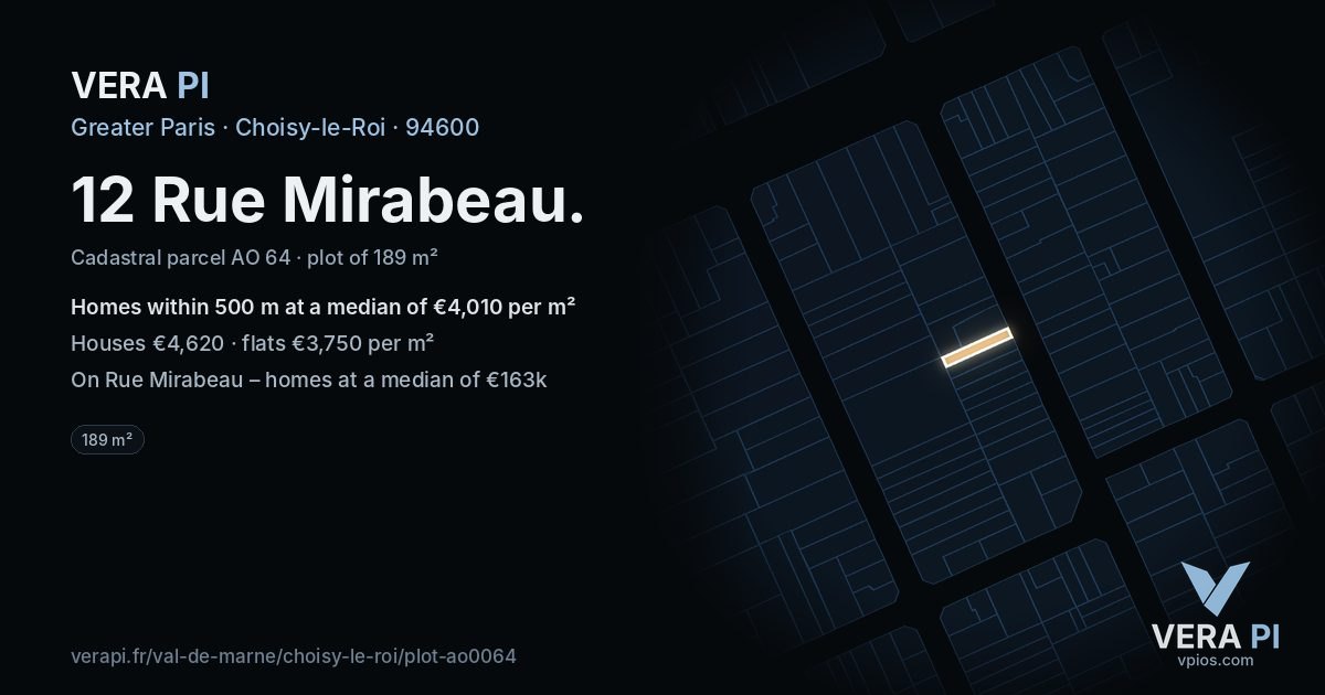 12 Rue Mirabeau, Choisy-le-Roi at night – the plot lit, the parcels around coloured by the prices near them