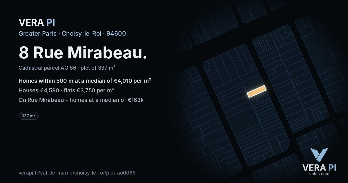 8 Rue Mirabeau, Choisy-le-Roi at night – the plot lit, the parcels around coloured by the prices near them