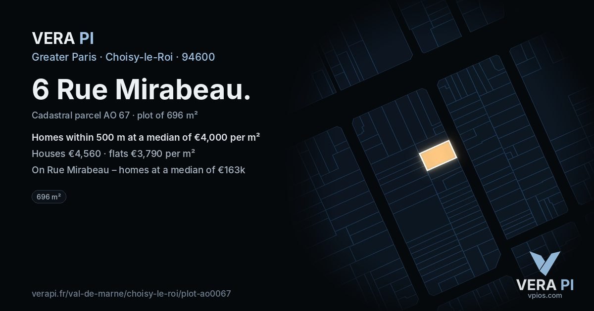6 Rue Mirabeau, Choisy-le-Roi at night – the plot lit, the parcels around coloured by the prices near them