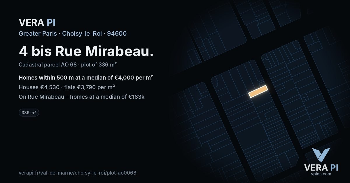 4 bis Rue Mirabeau, Choisy-le-Roi at night – the plot lit, the parcels around coloured by the prices near them