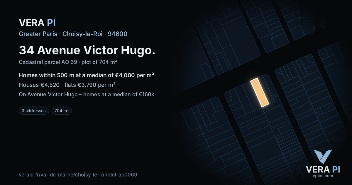 34 Avenue Victor Hugo, Choisy-le-Roi at night – the plot lit, the parcels around coloured by the prices near them