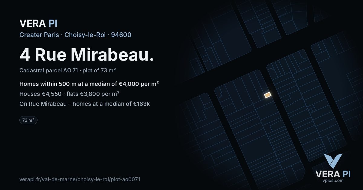 4 Rue Mirabeau, Choisy-le-Roi at night – the plot lit, the parcels around coloured by the prices near them