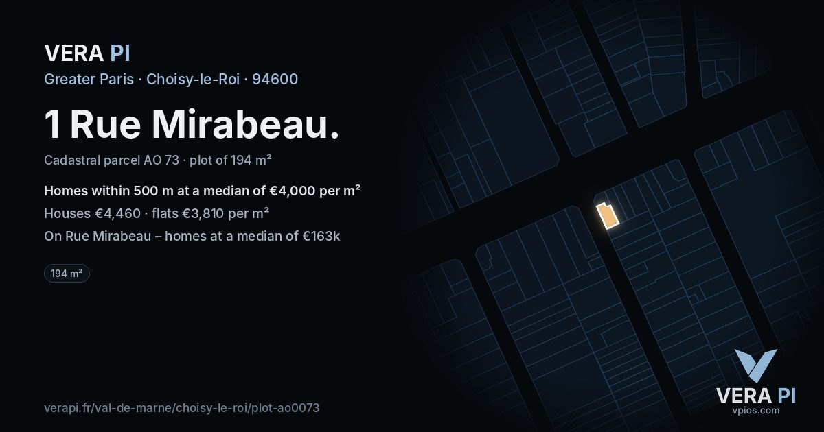1 Rue Mirabeau, Choisy-le-Roi at night – the plot lit, the parcels around coloured by the prices near them