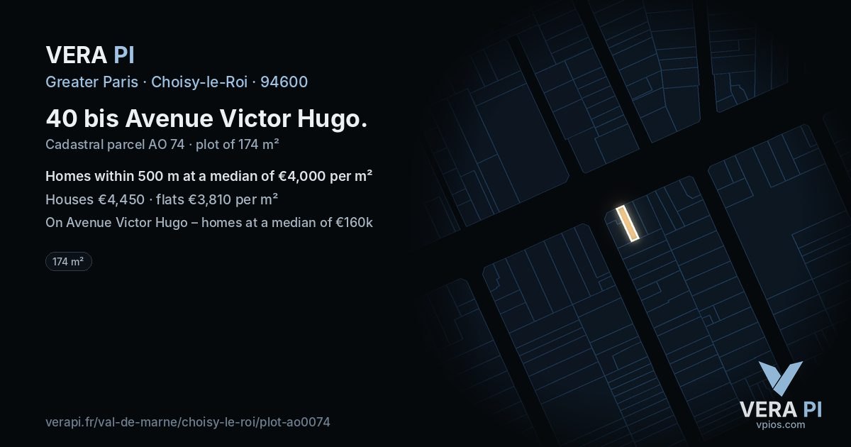 40 bis Avenue Victor Hugo, Choisy-le-Roi at night – the plot lit, the parcels around coloured by the prices near them