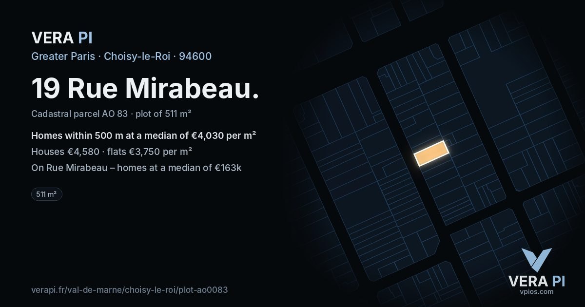 19 Rue Mirabeau, Choisy-le-Roi at night – the plot lit, the parcels around coloured by the prices near them