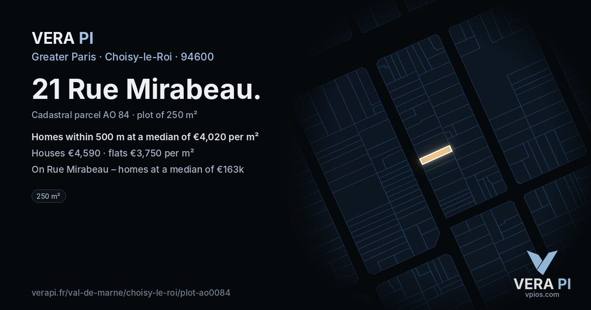 21 Rue Mirabeau, Choisy-le-Roi at night – the plot lit, the parcels around coloured by the prices near them