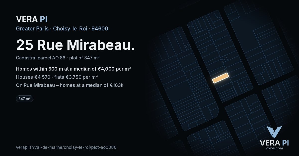 25 Rue Mirabeau, Choisy-le-Roi at night – the plot lit, the parcels around coloured by the prices near them