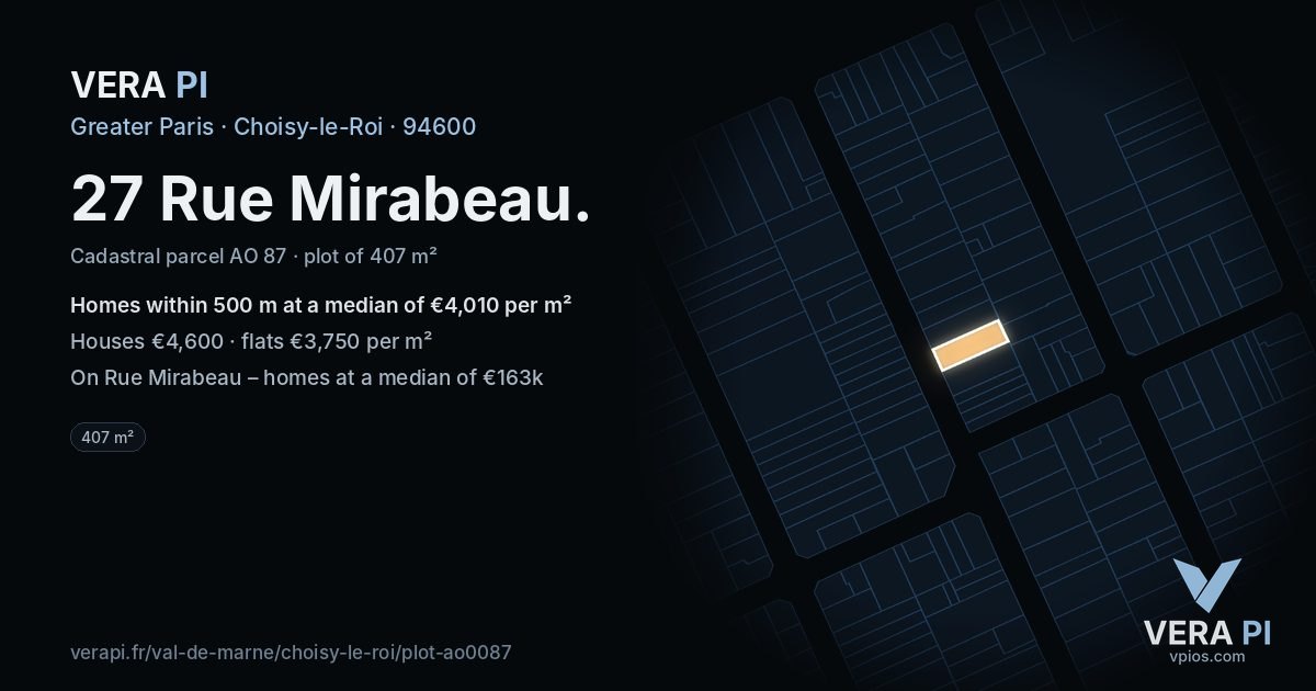27 Rue Mirabeau, Choisy-le-Roi at night – the plot lit, the parcels around coloured by the prices near them