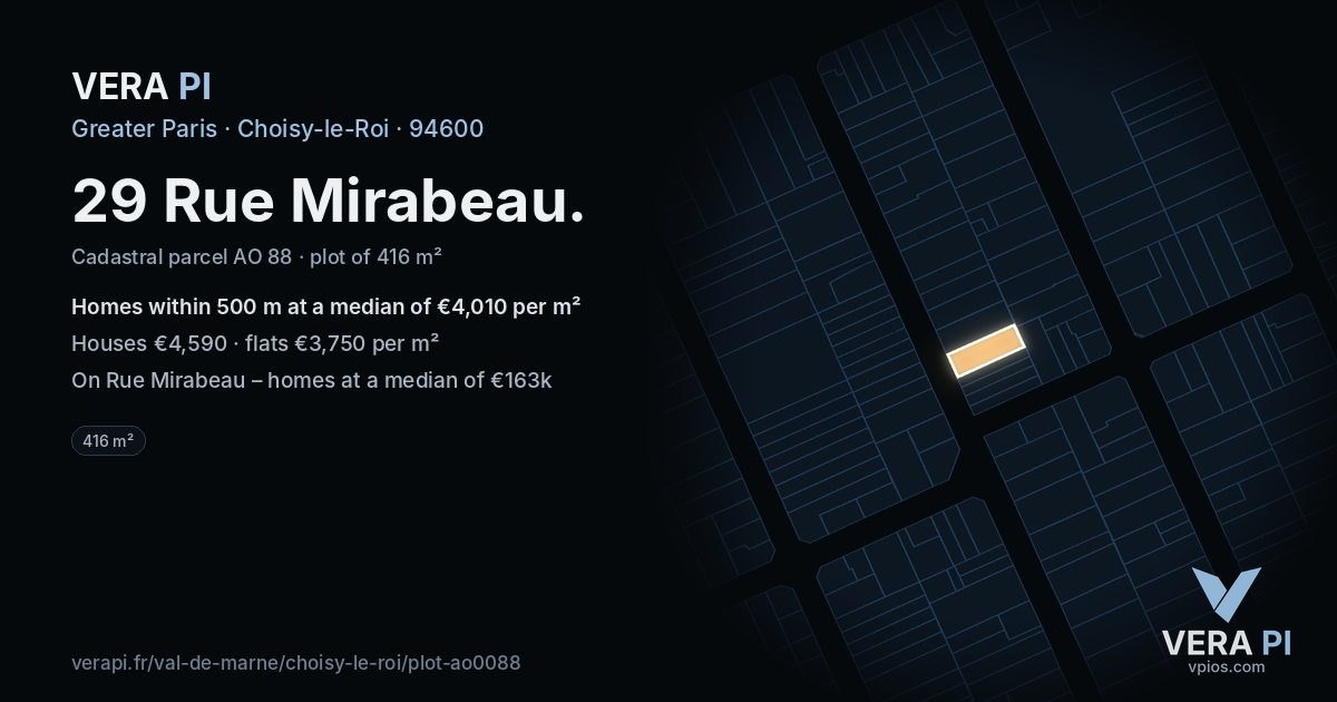 29 Rue Mirabeau, Choisy-le-Roi at night – the plot lit, the parcels around coloured by the prices near them