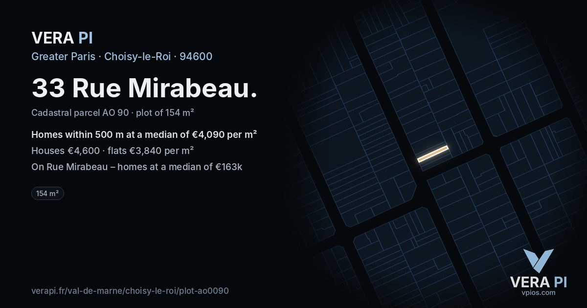 33 Rue Mirabeau, Choisy-le-Roi at night – the plot lit, the parcels around coloured by the prices near them