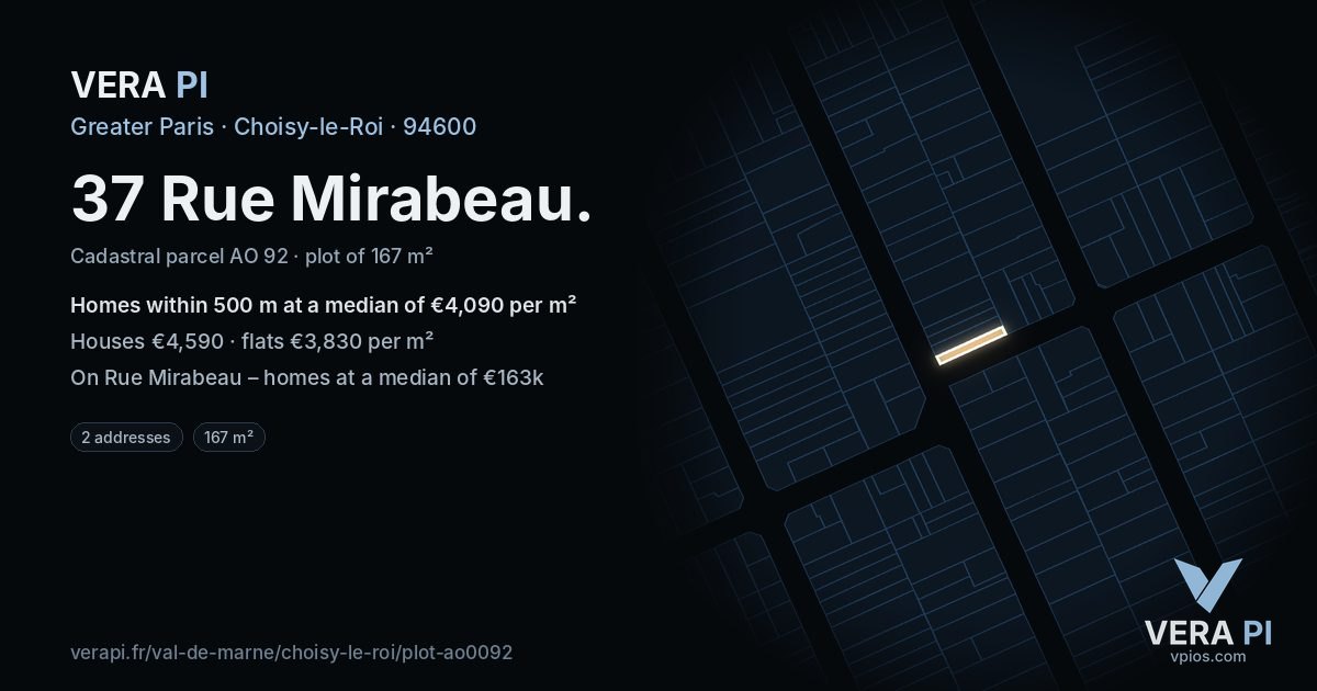 37 Rue Mirabeau, Choisy-le-Roi at night – the plot lit, the parcels around coloured by the prices near them