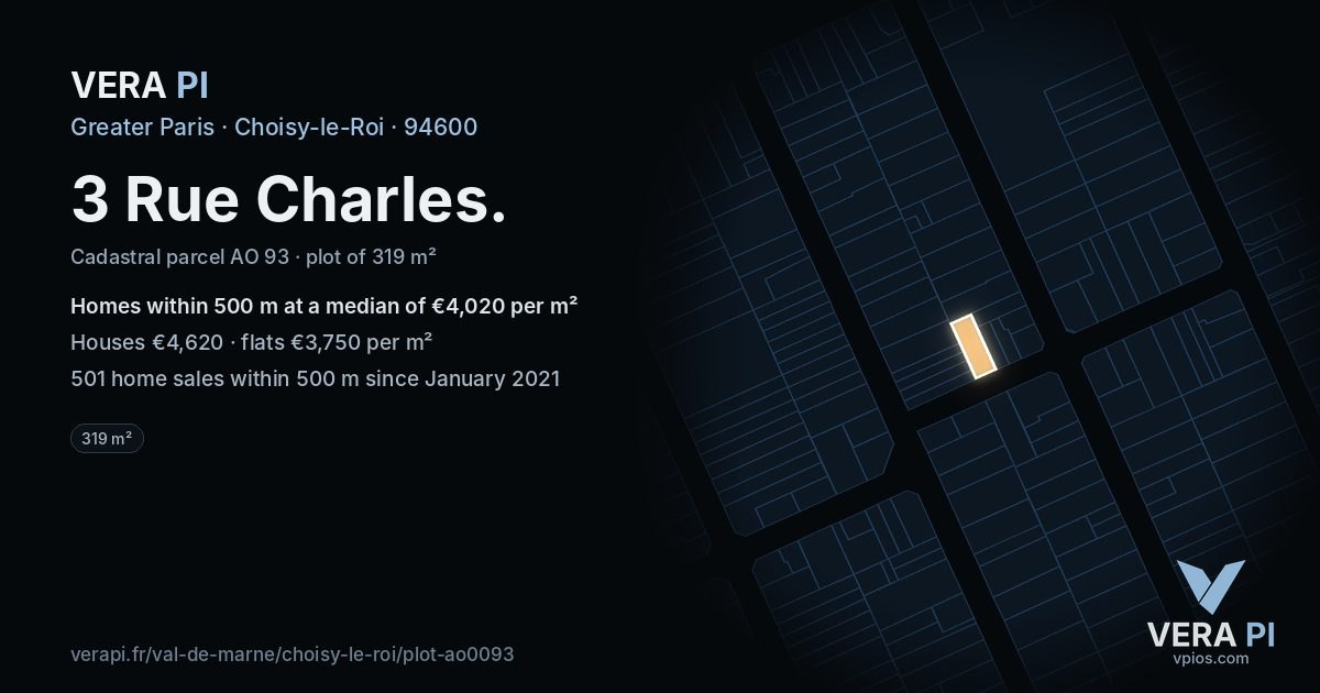 3 Rue Charles, Choisy-le-Roi at night – the plot lit, the parcels around coloured by the prices near them