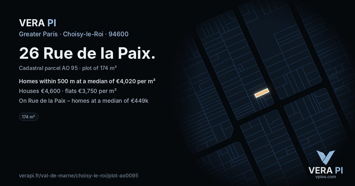 26 Rue de la Paix, Choisy-le-Roi at night – the plot lit, the parcels around coloured by the prices near them