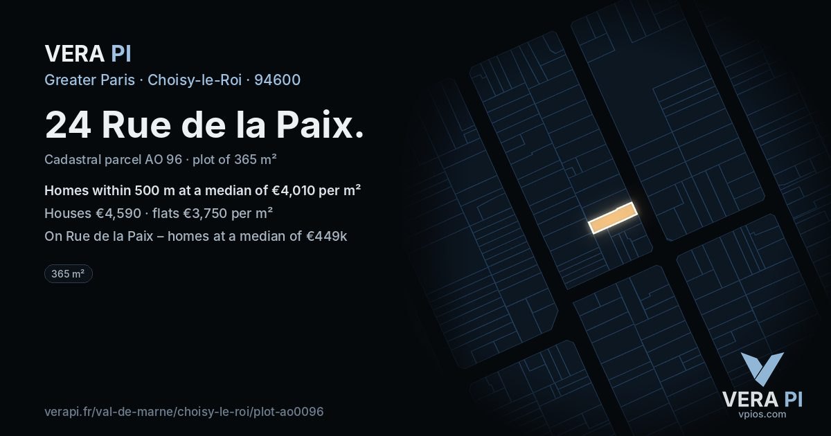 24 Rue de la Paix, Choisy-le-Roi at night – the plot lit, the parcels around coloured by the prices near them
