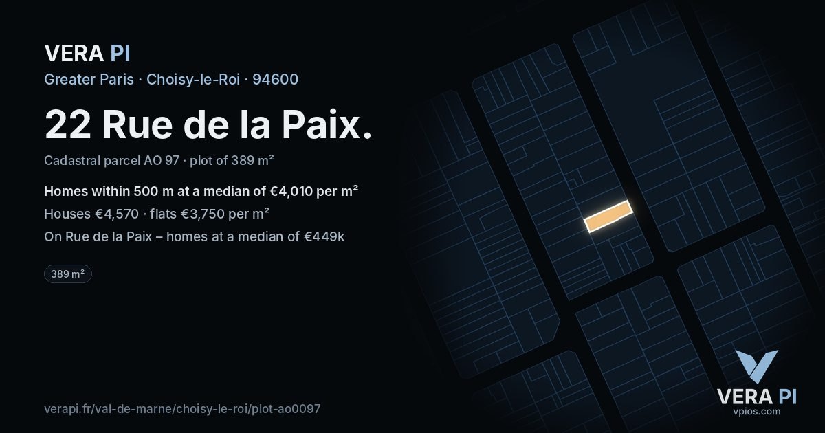 22 Rue de la Paix, Choisy-le-Roi at night – the plot lit, the parcels around coloured by the prices near them