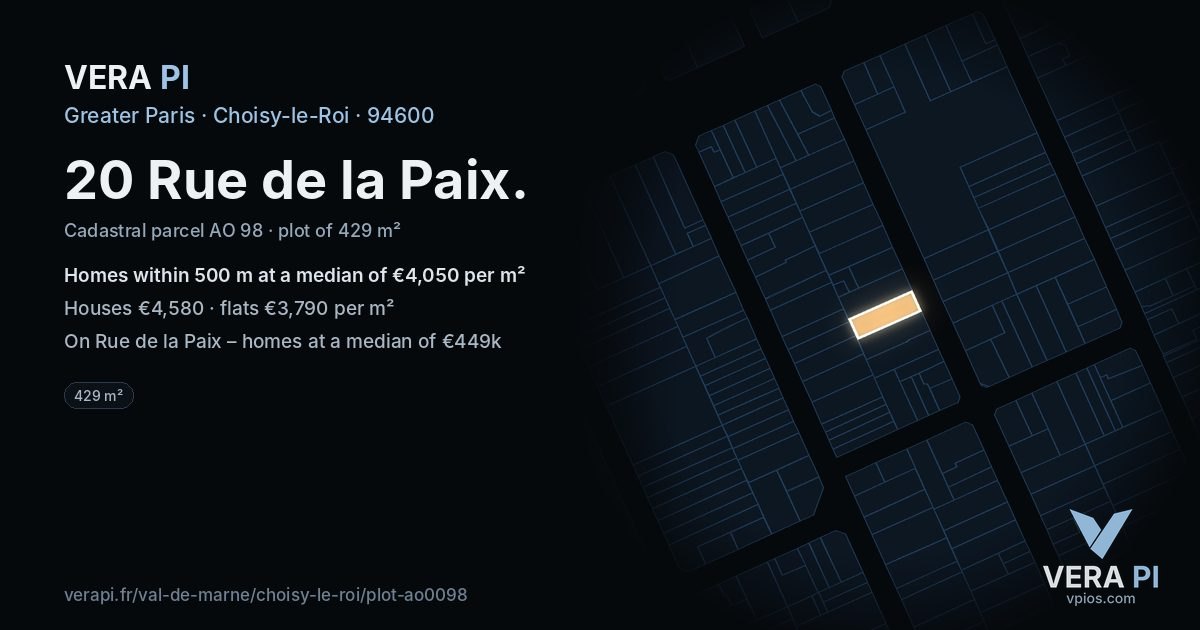 20 Rue de la Paix, Choisy-le-Roi at night – the plot lit, the parcels around coloured by the prices near them