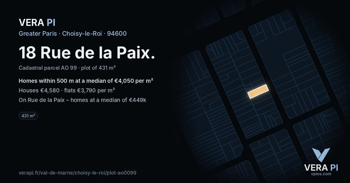 18 Rue de la Paix, Choisy-le-Roi at night – the plot lit, the parcels around coloured by the prices near them