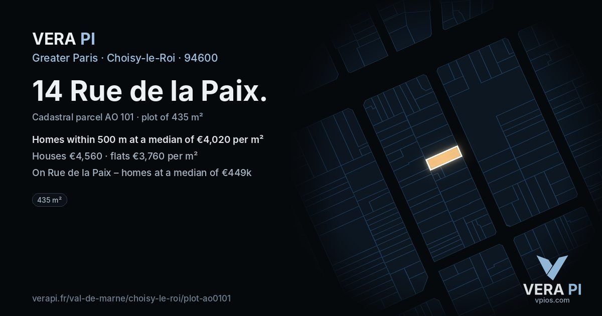 14 Rue de la Paix, Choisy-le-Roi at night – the plot lit, the parcels around coloured by the prices near them
