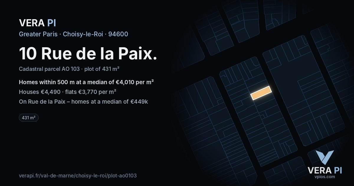 10 Rue de la Paix, Choisy-le-Roi at night – the plot lit, the parcels around coloured by the prices near them