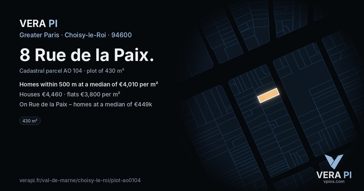 8 Rue de la Paix, Choisy-le-Roi at night – the plot lit, the parcels around coloured by the prices near them