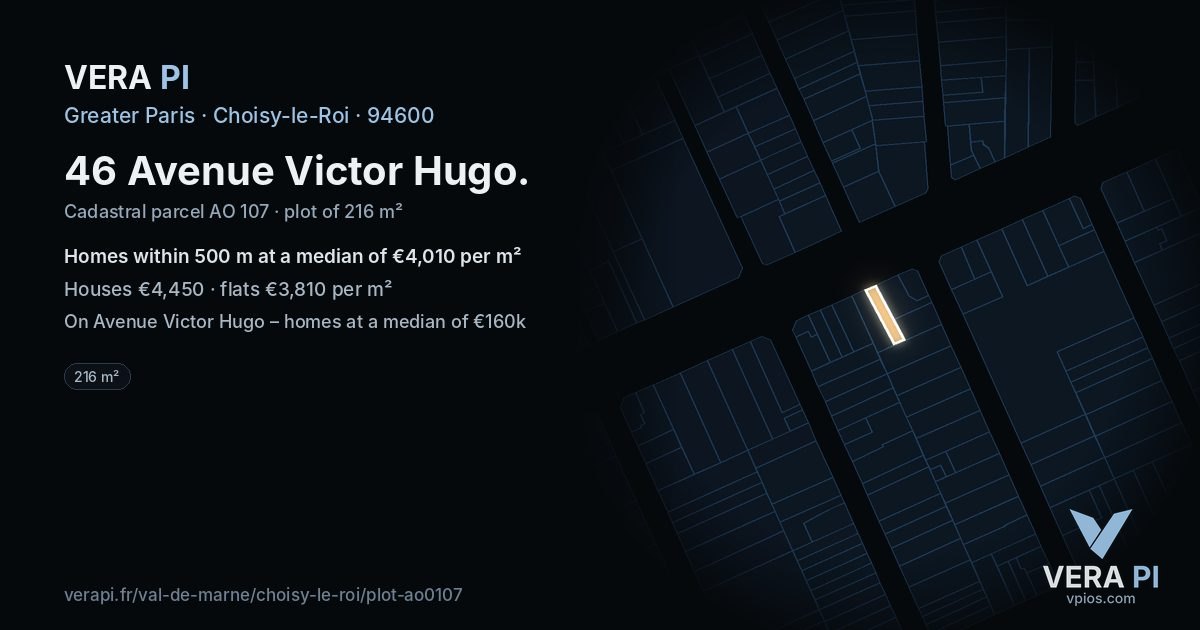 46 Avenue Victor Hugo, Choisy-le-Roi at night – the plot lit, the parcels around coloured by the prices near them