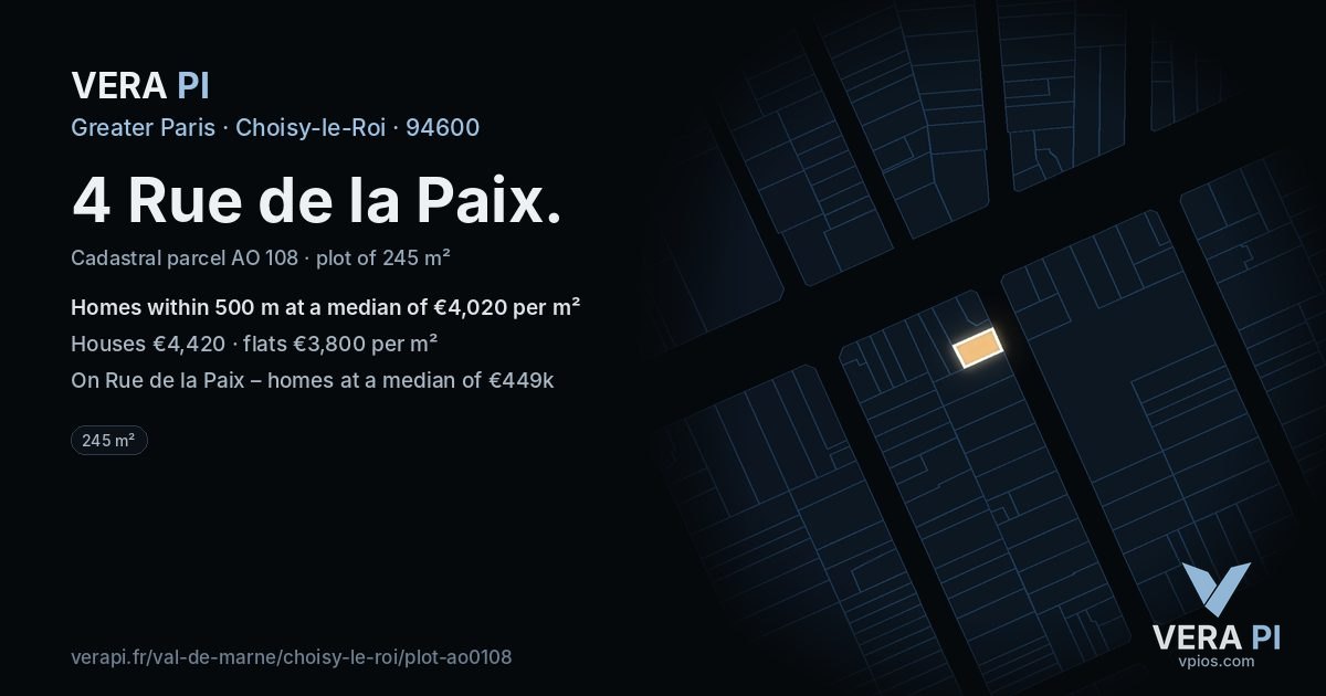 4 Rue de la Paix, Choisy-le-Roi at night – the plot lit, the parcels around coloured by the prices near them