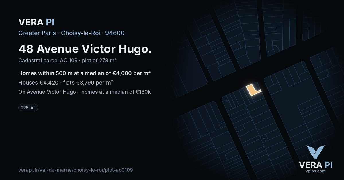 48 Avenue Victor Hugo, Choisy-le-Roi at night – the plot lit, the parcels around coloured by the prices near them