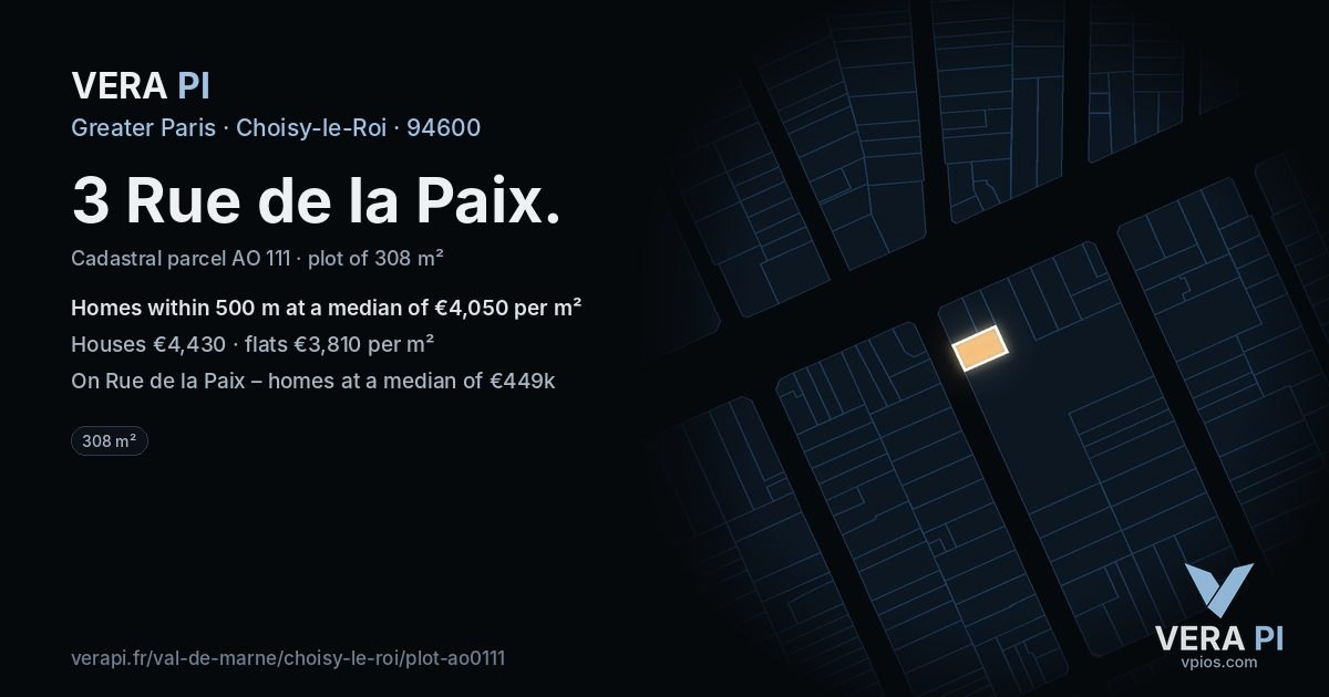 3 Rue de la Paix, Choisy-le-Roi at night – the plot lit, the parcels around coloured by the prices near them