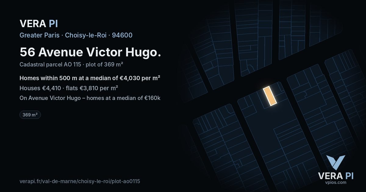 56 Avenue Victor Hugo, Choisy-le-Roi at night – the plot lit, the parcels around coloured by the prices near them