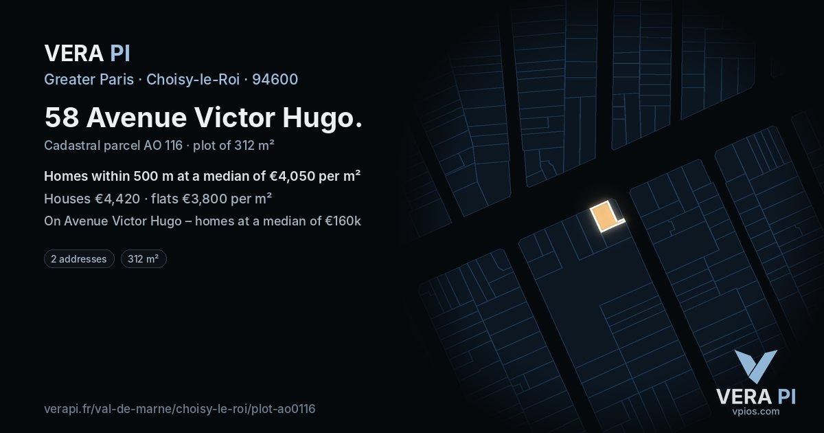 58 Avenue Victor Hugo, Choisy-le-Roi at night – the plot lit, the parcels around coloured by the prices near them