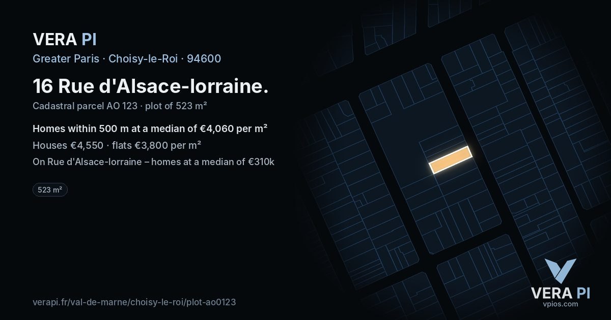 16 Rue d'Alsace-lorraine, Choisy-le-Roi at night – the plot lit, the parcels around coloured by the prices near them