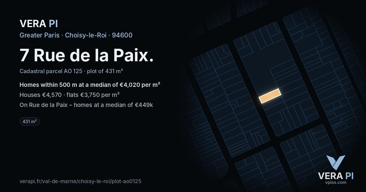 7 Rue de la Paix, Choisy-le-Roi at night – the plot lit, the parcels around coloured by the prices near them