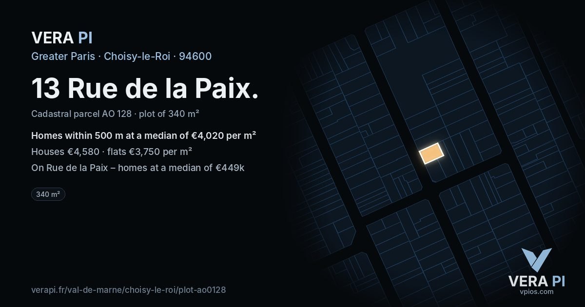 13 Rue de la Paix, Choisy-le-Roi at night – the plot lit, the parcels around coloured by the prices near them