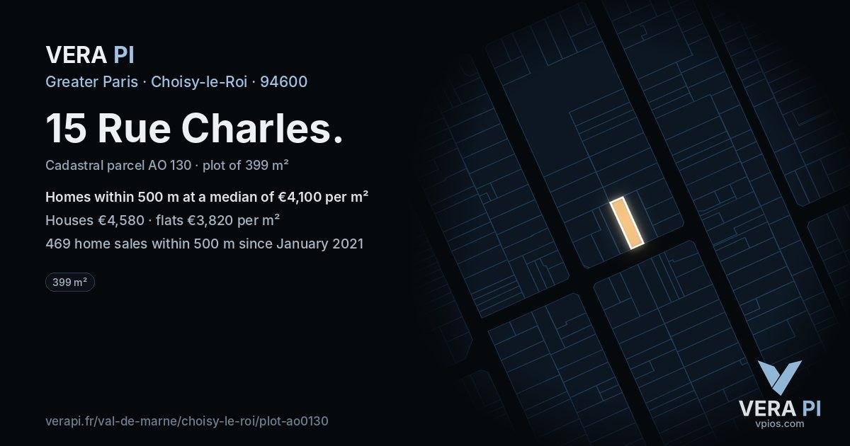 15 Rue Charles, Choisy-le-Roi at night – the plot lit, the parcels around coloured by the prices near them