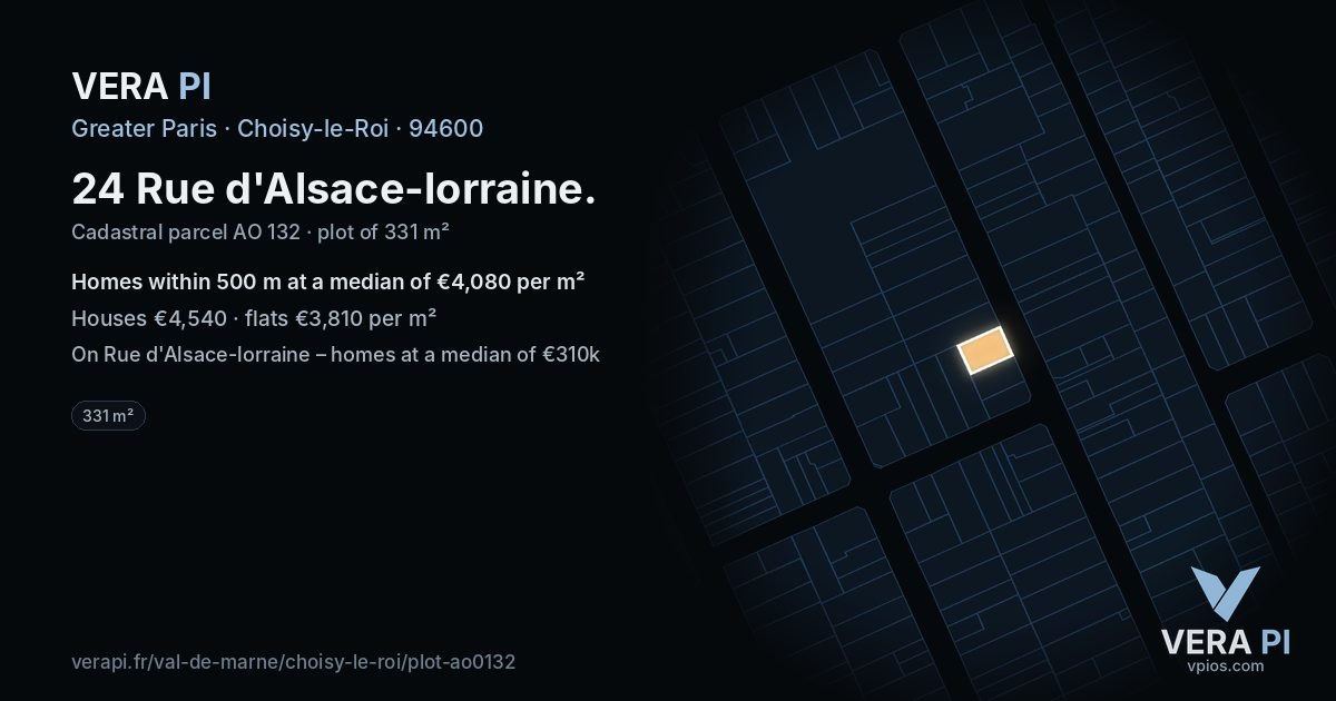 24 Rue d'Alsace-lorraine, Choisy-le-Roi at night – the plot lit, the parcels around coloured by the prices near them