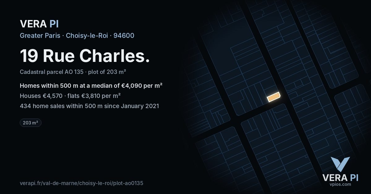 19 Rue Charles, Choisy-le-Roi at night – the plot lit, the parcels around coloured by the prices near them