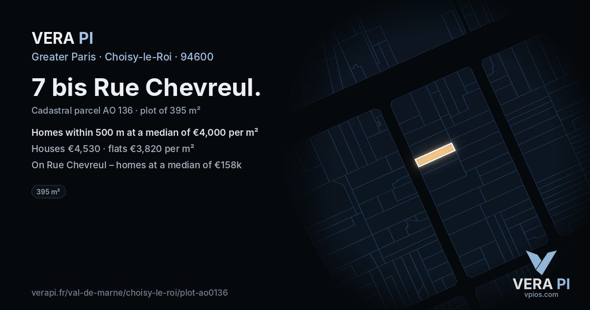 7 bis Rue Chevreul, Choisy-le-Roi at night – the plot lit, the parcels around coloured by the prices near them