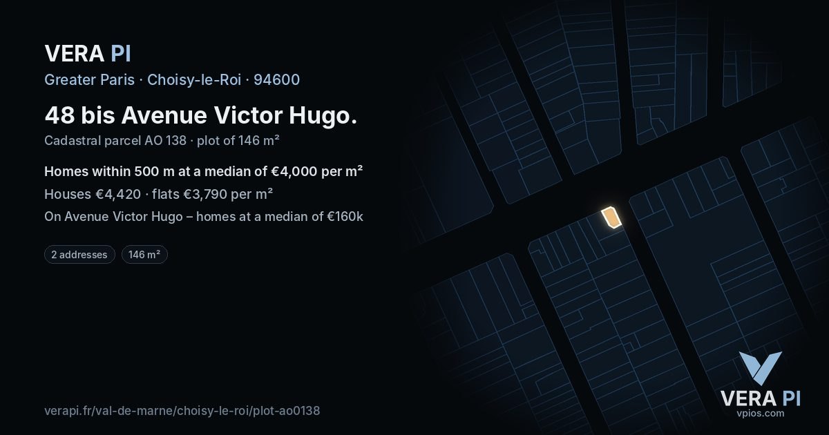 48 bis Avenue Victor Hugo, Choisy-le-Roi at night – the plot lit, the parcels around coloured by the prices near them