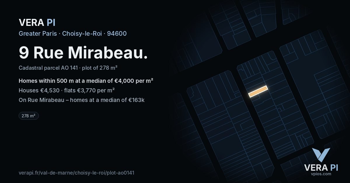 9 Rue Mirabeau, Choisy-le-Roi at night – the plot lit, the parcels around coloured by the prices near them
