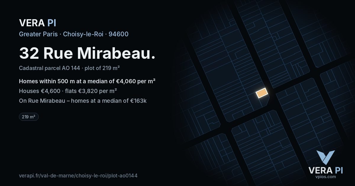 32 Rue Mirabeau, Choisy-le-Roi at night – the plot lit, the parcels around coloured by the prices near them