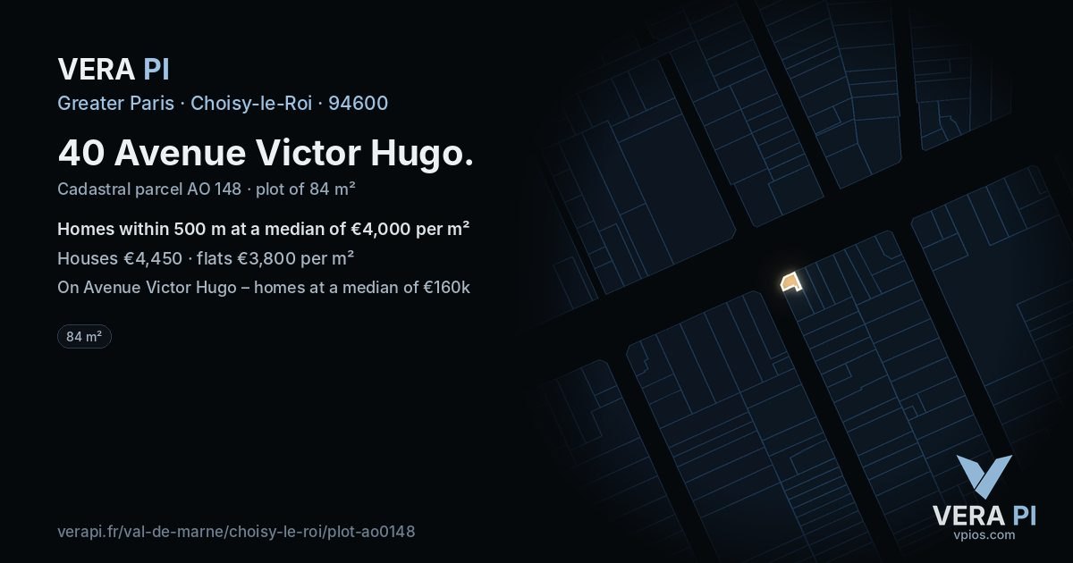 40 Avenue Victor Hugo, Choisy-le-Roi at night – the plot lit, the parcels around coloured by the prices near them