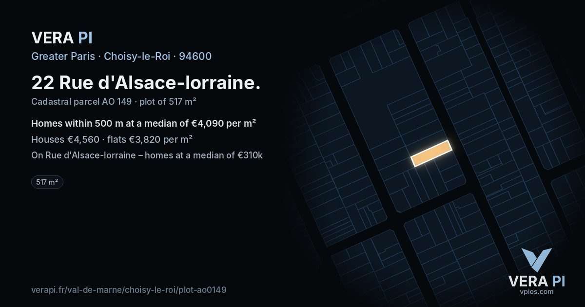 22 Rue d'Alsace-lorraine, Choisy-le-Roi at night – the plot lit, the parcels around coloured by the prices near them