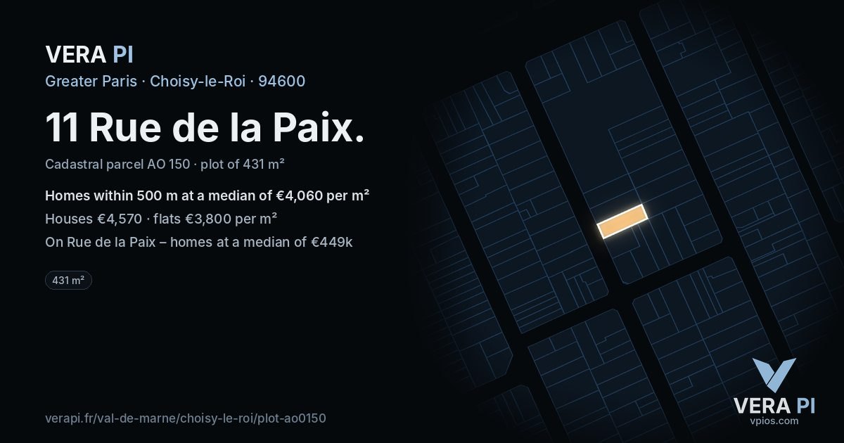 11 Rue de la Paix, Choisy-le-Roi at night – the plot lit, the parcels around coloured by the prices near them